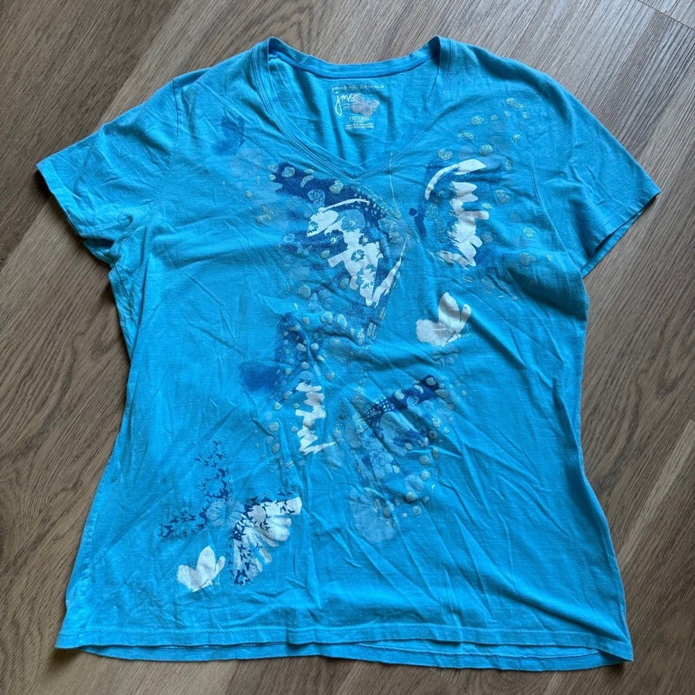 Just My Size 1X Blue Butterfly Graphic V-Neck Tee Glitter Plus Size Cotton Top